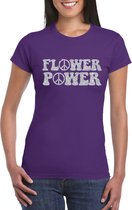 Toppers Paars Flower Power t-shirt peace tekens met zilveren letters dames - Sixties/jaren 60 kleding XS