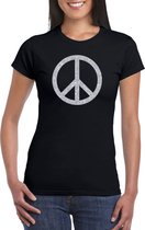 Toppers Zwart Flower Power t-shirt zilveren glitter peace teken dames - Sixties/jaren 60 kleding L