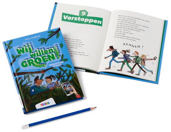 Boekomslag 'Wij willen groen!' en een open boek met illustratie van rennende kinderen.