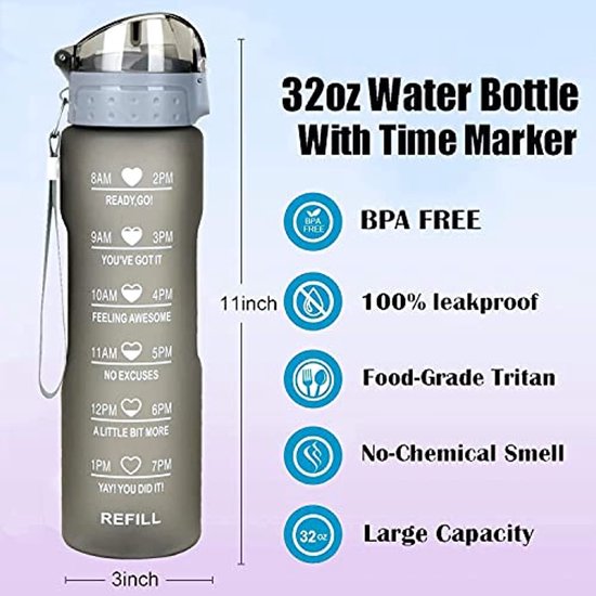 Gourde De Motivation 24oz (710ml) - Bouteille D'Eau BPA Free Avec Marqueur De Temps - Glacier