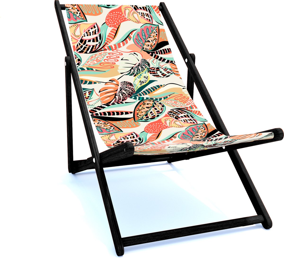 Holtaz Strandstoel Hout Inklapbaar Comfortabele Zonnebed Ligbed met verstelbare Lighoogte met stoffen Patterns zwart houten frame
