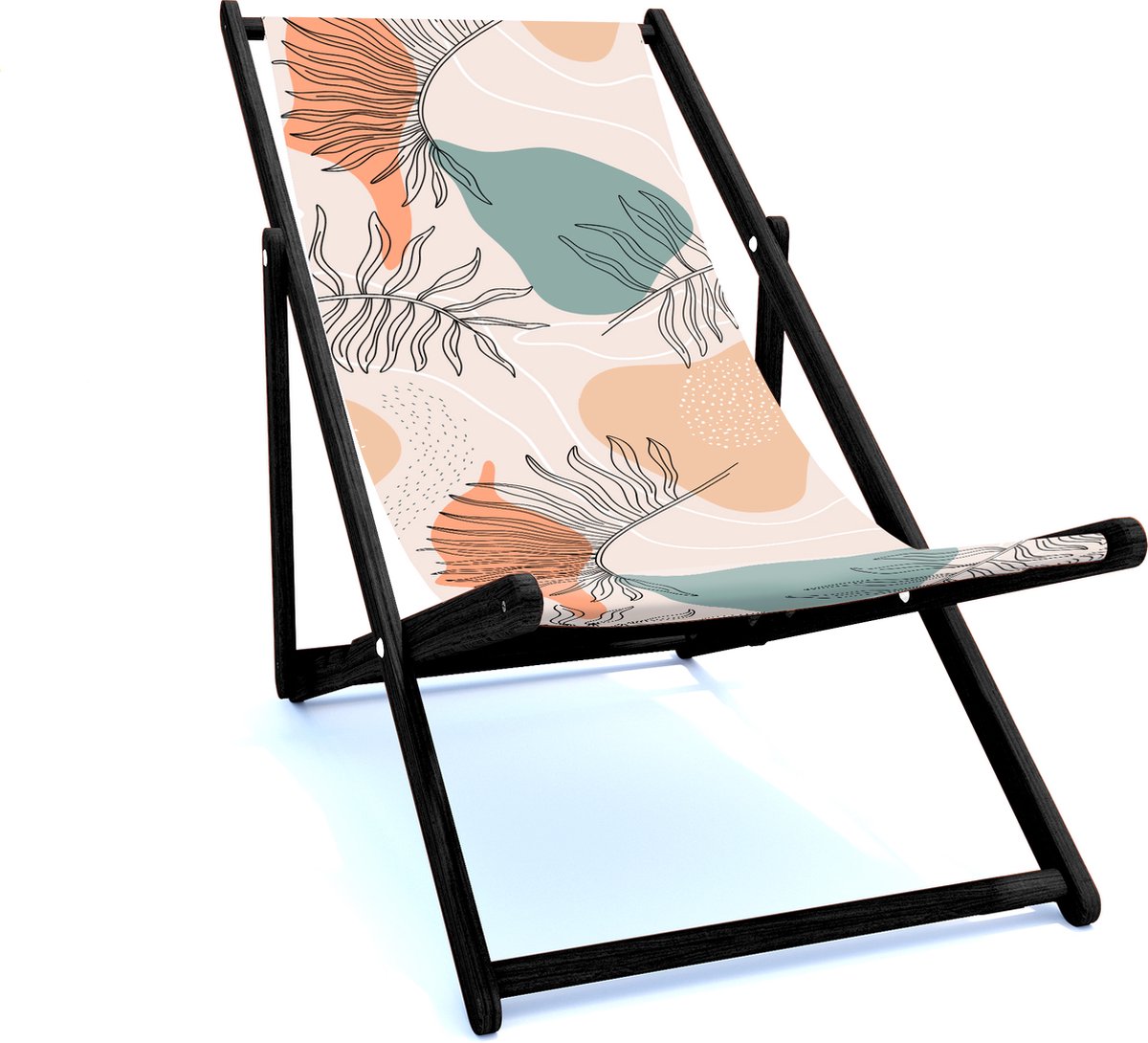 Holtaz Strandstoel Hout Inklapbaar Comfortabele Zonnebed Ligbed met verstelbare Lighoogte met stoffen Bladeren zwart houten frame