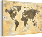 Wanddecoratie Metaal - Aluminium Schilderij Industrieel - Wereldkaart - Krant - Gouden - 180x120 cm - Dibond - Foto op aluminium - Industriële muurdecoratie - Voor de woonkamer/slaapkamer