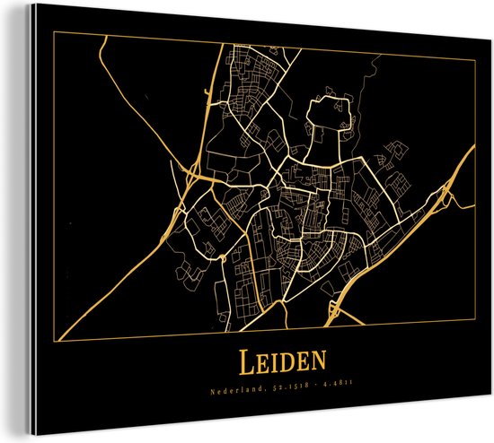 Wanddecoratie Metaal - Aluminium Schilderij Industrieel - Kaart - Leiden - Luxe - Goud - Zwart - 120x80 cm - Dibond - Foto op aluminium - Industriële muurdecoratie - Voor de woonkamer/slaapkamer