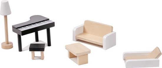 Houten poppenhuismeubels: piano met krukje, bank, bijzettafel en ligstoel.