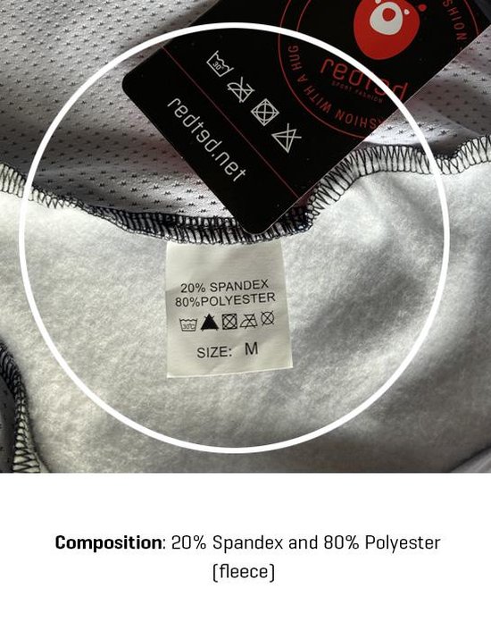Binnenkant van een fietsbroek met label: 20% Spandex, 80% Polyester [fleece].