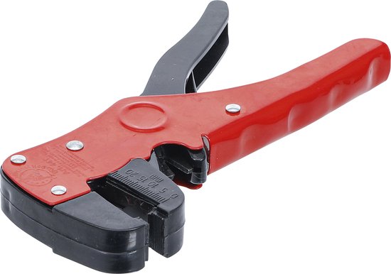 Rode en zwarte automatische striptang met markeringen 0,5-20 mm en grepen.
