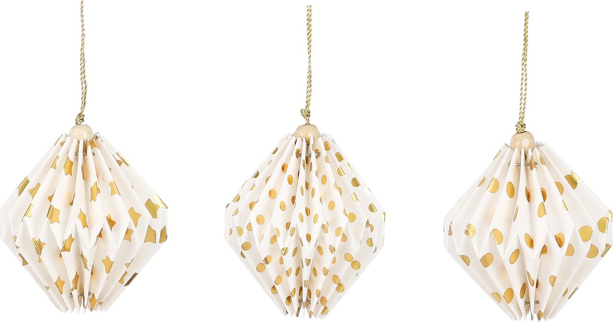 House of Seasons Ui Kerstornament - Set van 3 - H7,5 x Ø8 cm - Papier - Goud
