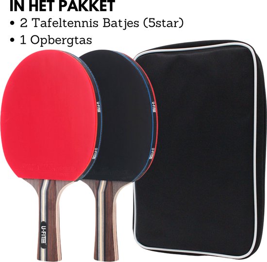 Twee tafeltennisbatjes, rood en zwart, met opbergtas.