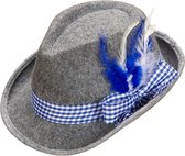 Widmann - Boeren Tirol & Oktoberfest Kostuum - Oktoberfest Heren Beierse Fedora Met Blauwe Veren - Grijs - Bierfeest - Verkleedkleding