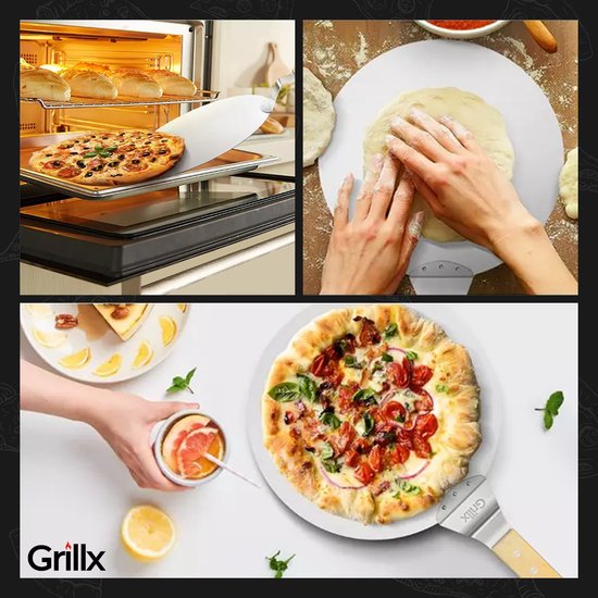 Collage van het gebruik van de pizzaschep en pizzasnijder: pizza uit de oven, deeg kneden, gegarneerde pizza.