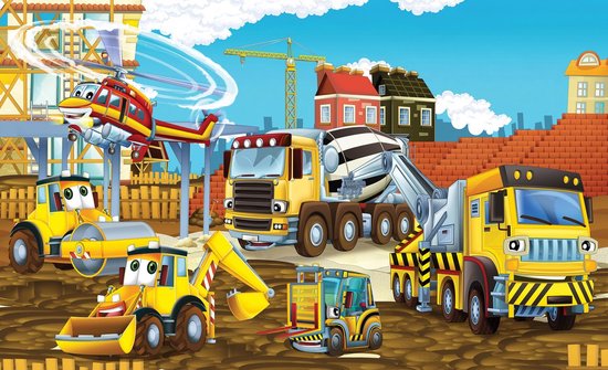 Fotobehang - Behang - Bouwplaats - Graafmachines - Kranen - Vliesbehang - 312 x 219 cm