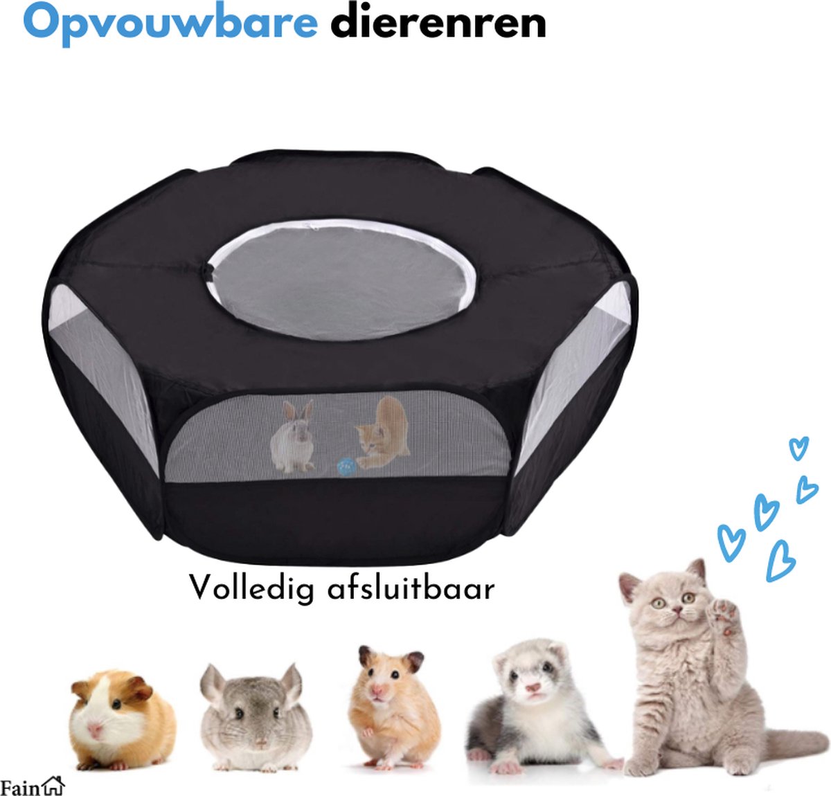 Fain® Konijnenren – Opvouwbaar – Knaagdieren ren – Zwart – Volledig afsluitbaar - Kooi – Voor binnen en buiten gebruik – Extra klim- en nagelbestendig thumbnail 2