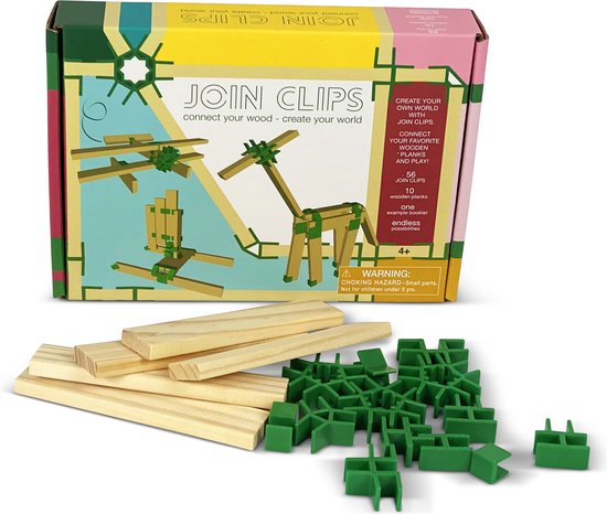JOIN CLIPS®: 56 JOIN CLIPS BASIS SET - MINI STARTER EDITIE - 10 houten bouwplankjes - bouwboekje - educatief leren bouwen