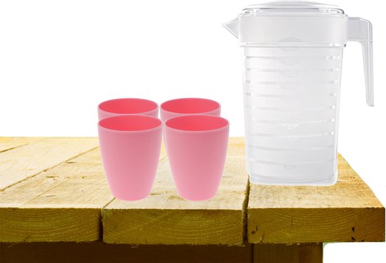 Set de 1x carafe à eau avec couvercle 1L avec 4x gobelets en plastique rose  | bol