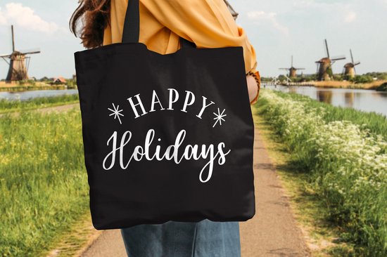 MuchoWow® Sac bandoulière - Sac de plage - Shopper Quote Happy Holidays décoration murale nouvel an noir - 40x40 cm - Sac en coton