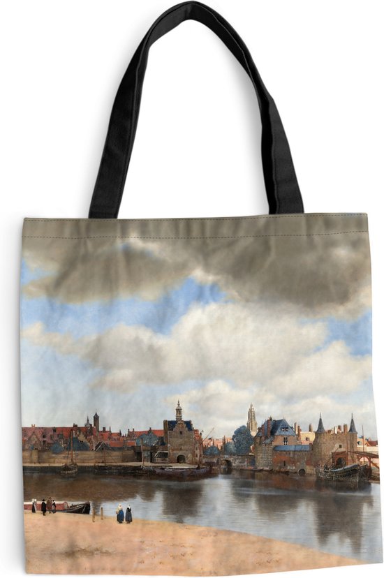 MuchoWow® Schoudertas - Strandtas - Big Shopper - Boodschappentas - Gezicht op Delft - Schilderij van Johannes Vermeer - 40x40 cm - Katoenen tas