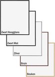 Vijf fotolijsten in verschillende kleuren en afwerkingen: Zwart Hoogglans, Zwart Mat, Zilver, Bruin, Beuken.
