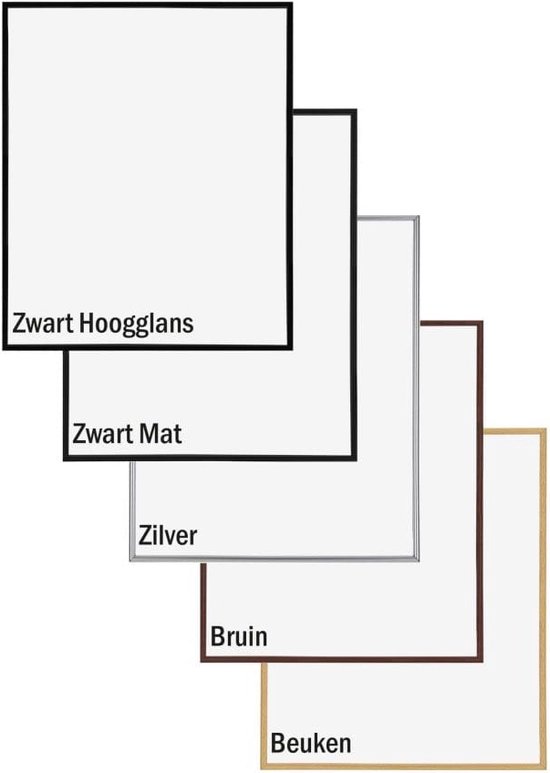 Vijf fotolijsten in verschillende kleuren en afwerkingen: Zwart Hoogglans, Zwart Mat, Zilver, Bruin, Beuken.