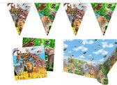 Kinderverjaardag/kinderfeestje tafel dekken set tafelkleed/servetten/vlaggetjes Jungle thema - Voor 6 tot 10 kids