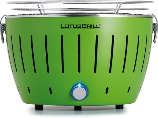 Groene LotusGrill met zilverkleurige grill en blauw-zilveren knop.