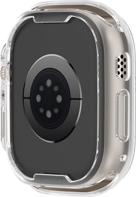 Doorzichtige hoes voor Apple Watch 49 mm, toont de achterkant met sensoren.