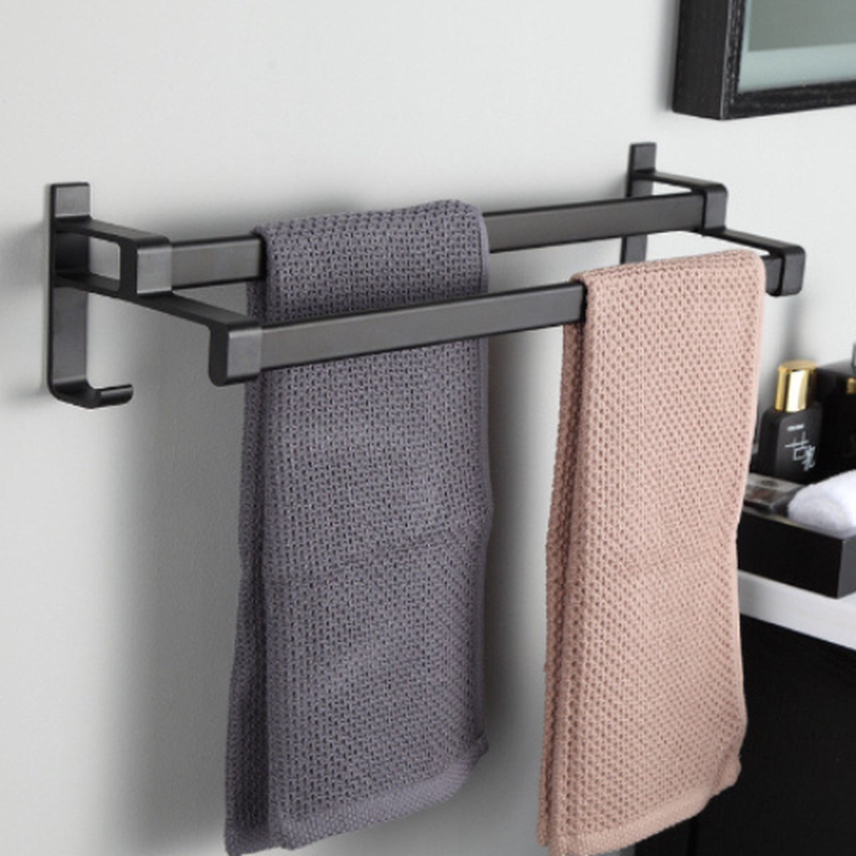 Handdoekhouder, wandmontage, zonder boren, dubbele stang, zelfklevend, voor badkamer en keuken, 50 cm, wit