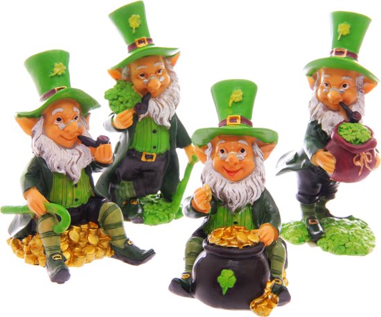 Set 4 Stuks Ierse St Patrick’s Day Gelukskabouters Leprechauns Geluksbeeldjes Ierland Shamrock Geluk Groen