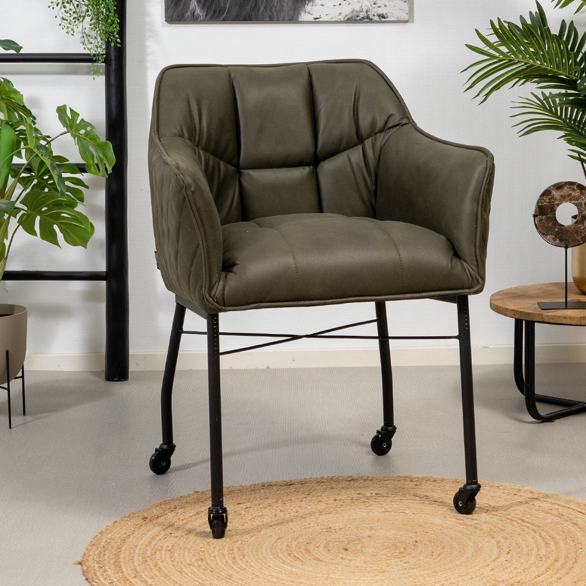 Bronx71® Eetkamerstoel met wieltjes Royce eco-leer groen - stoel