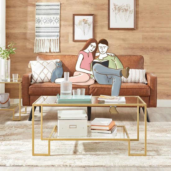 Signature Home Elite Salontafel met 2 planken in gehard glas Stalen frame  goud Kleur... | bol.com