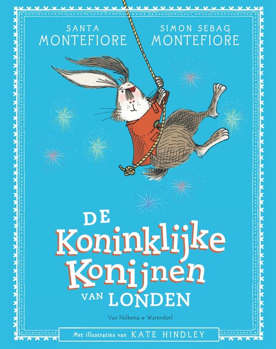 Boek kaft met een springend konijn en vuurwerk, met de tekst 'De Koninklijke Konijnen van Londen'.