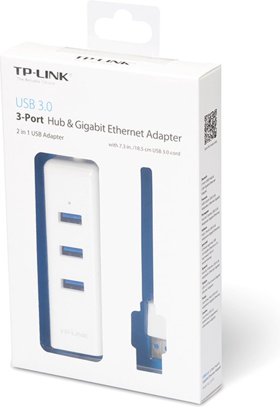 TP-Link USB 3.0 3-poorts hub en Gigabit Ethernet-adapter in verpakking. '2 in 1 USB Adapter'.