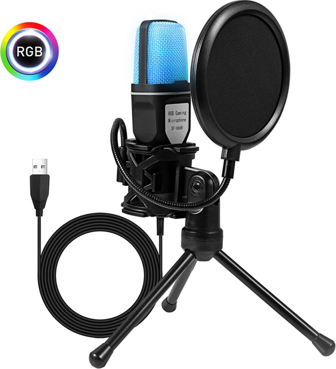 RGB Microfoon met Tripod Pop Filter & Usb aansluiting - Gamen - Youtube - Skype - Podcasts - Karaoke - Zang - Studio - Online Meetings - PS 4 - PS 5 - X-Box -