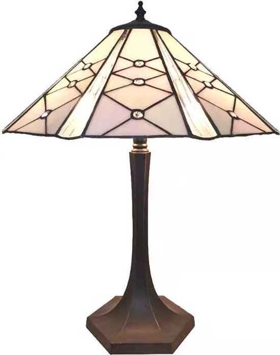 LumiLamp Tiffany Tafellamp Ø 42x54 cm Roze Wit Glas Zink Tiffany Bureaulamp