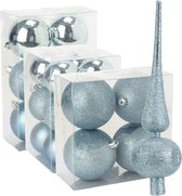 Kerstversiering set kerstballen met piek in het ijsblauw 6 - 8 - 10 cm pakket - 63x stuks - mat/glans/glitter mix