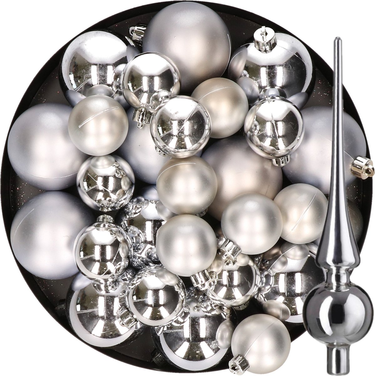Kerstversiering kunststof kerstballen met glazen piek zilver 6-8-10 cm pakket van 45x stuks - Kerstboomversiering