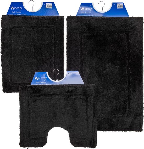 Wicotex - Badmat set - Badmat - Toiletmat - Bidetmat uni Zwart - Antislip onderkant - WC mat met uitsparing