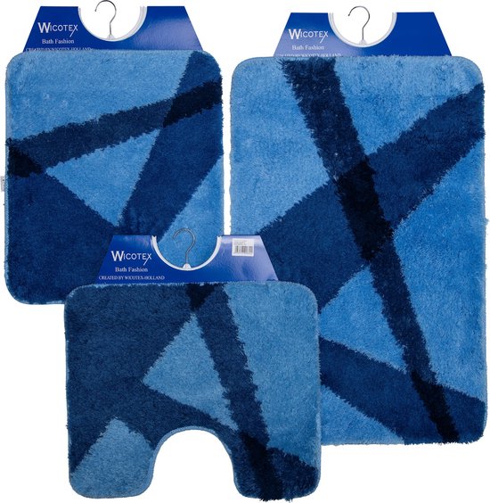 Wicotex-Badmat-set-Badmat-Toiletmat-Bidetmat blauw gestreept-Antislip onderkant-WC mat-met uitsparing