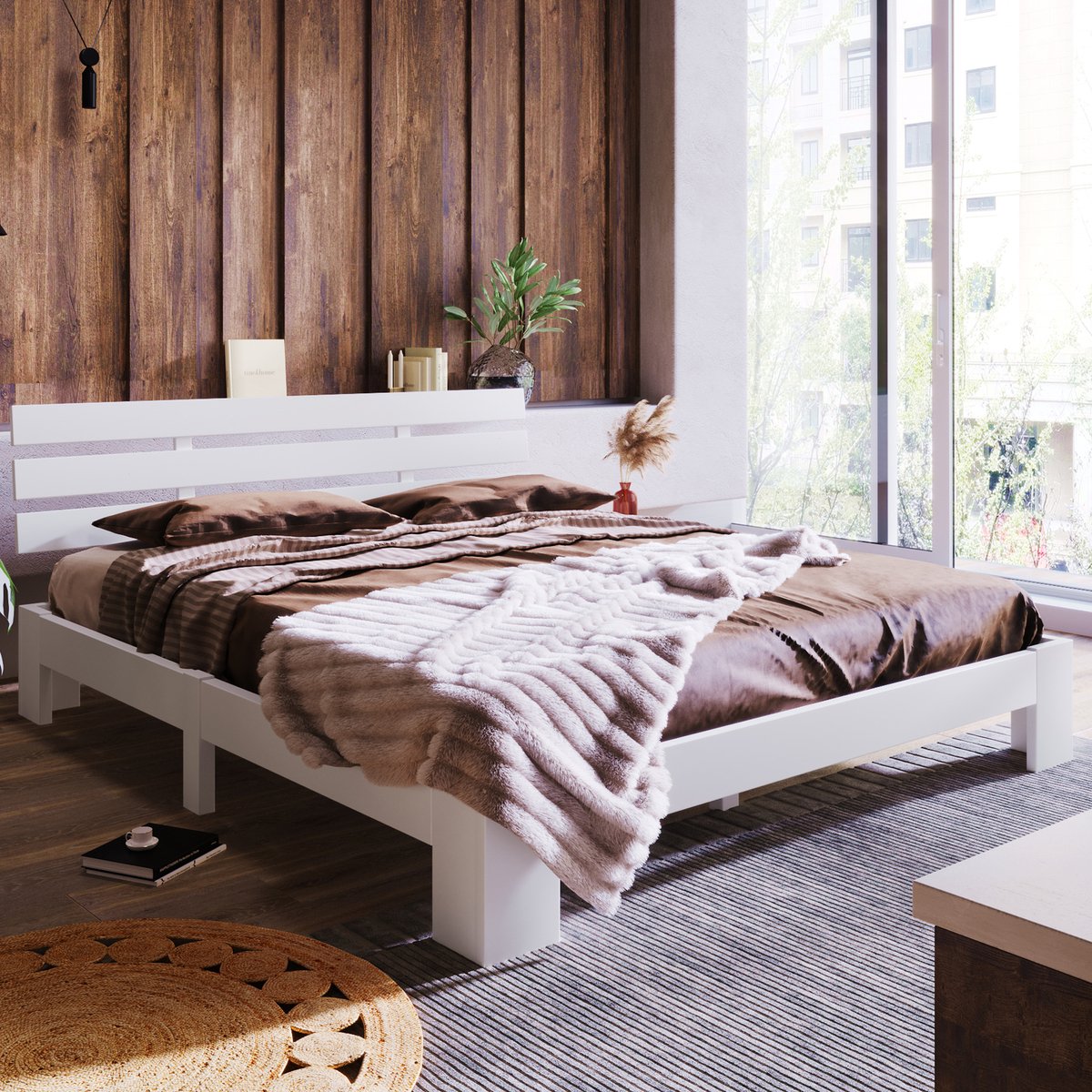 200 x 140 cm Houten bed tweepersoonsbed lattenbodem met hoofdeinde - FSC Hard Wood grenen massief tweepersoonsbed -wit