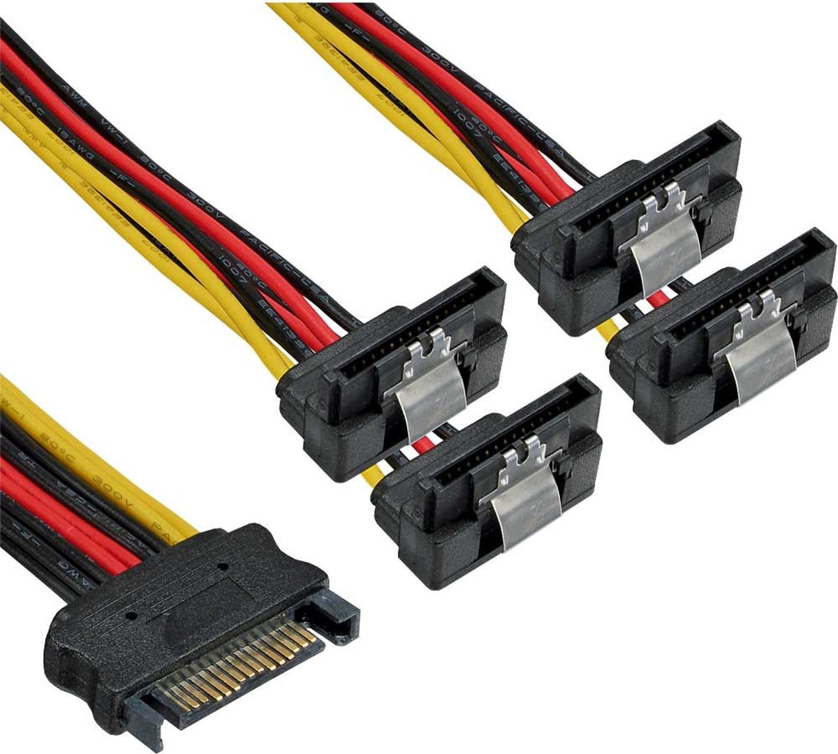 SATA (m) - 4x SATA (v) haaks met metalen klem voeding splitter - 0,15 meter