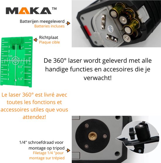 MAKA 360° Groene Lijnlaser met richtplaat - 0,3 mm/m - 3° zelfnivellerende lijnlaser - 30M werkbereik - IP54 stof- en waterbescherming - 3D 12 lijnen - Groene laser MAKA 360° Groene Lijnlaser met richtplaat - 0,3 mm/m - 3° zelfnivellerende lijnlaser - 30M werkbereik - IP54 stof- en waterbescherming - 3D 12 lijnen - Groene laser