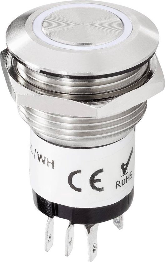 Bouton-poussoir rond et argenté avec filetage et cosses. Logos CE et RoHS visibles.