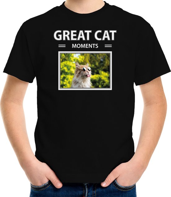 Dieren foto t-shirt grijze kat - zwart - kinderen - great cat mochildrents - cadeau shirt katten liefhebber - kinderkleding / kleding 146/152