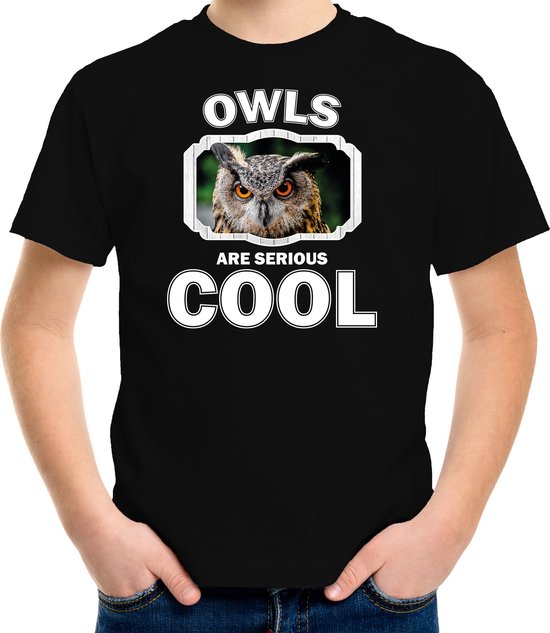 Dieren uilen t-shirt zwart kinderen - owls are serious cool shirt  jongens/ meisjes - cadeau shirt uil/ uilen liefhebber - kinderkleding / kleding 146/152