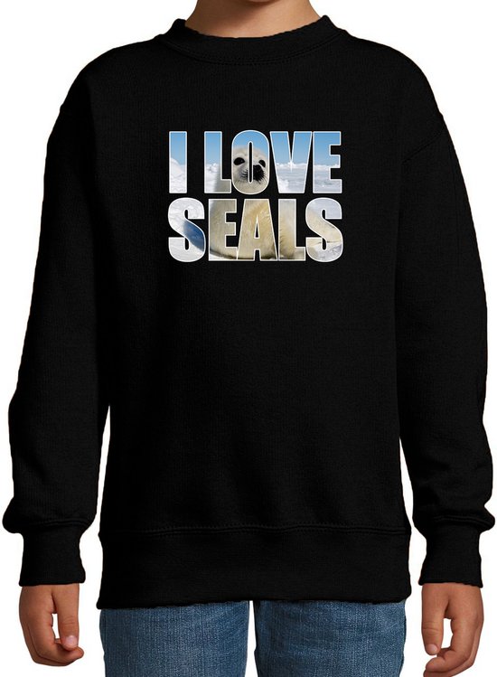 Tekst sweater I love seals met dieren foto van een zeehond zwart voor kinderen - cadeau trui zeehonden liefhebber - kinderkleding / kleding 98/104
