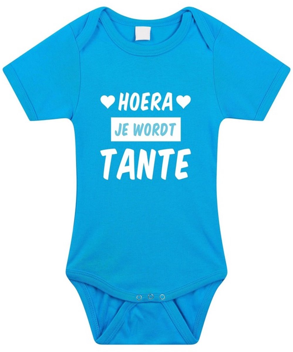 Hoera je wordt tante tekst baby rompertje blauw jongens - Kraamcadeau - Babykleding 56