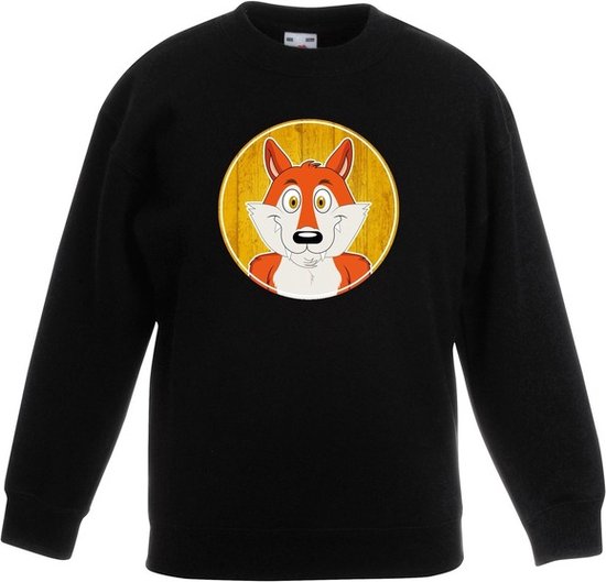 Kinder sweater zwart met vrolijke vos print - vossen trui - kinderkleding / kleding 98/104