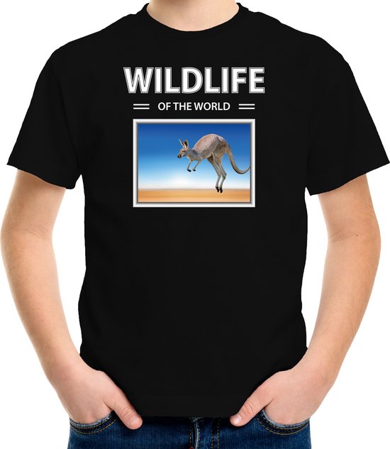 Dieren foto t-shirt Kangaroe - zwart - kinderen - wildlife of the world - cadeau shirt Kangaroes liefhebber - kinderkleding / kleding 110/116