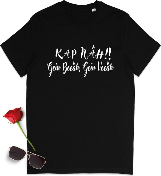 Grappig heren t shirt - Dames tshirt met print 'Kap nah, geen boer geen voer' Unisex maten: S t/m 3XL - Shirt kleur zwart.