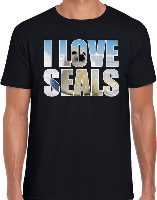 Tekst shirt I love seals met dieren foto van een zeehond zwart voor heren - cadeau t-shirt zeehonden liefhebber L